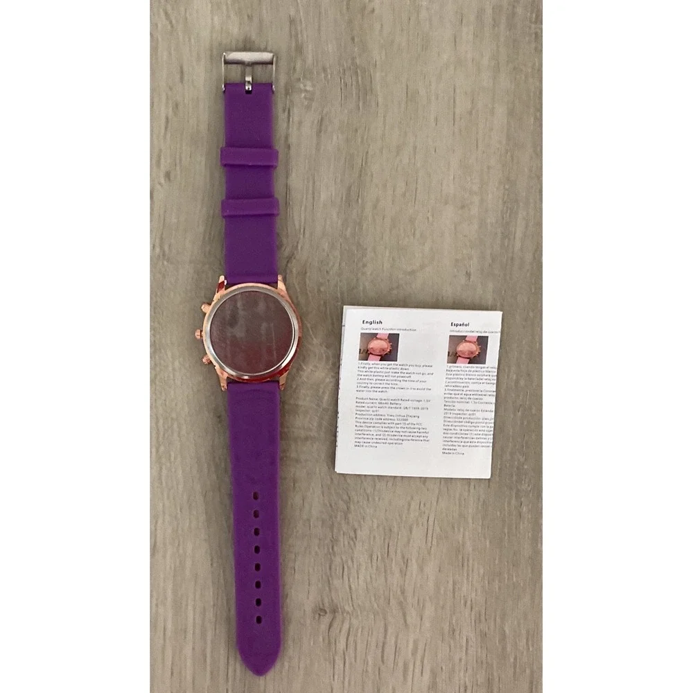 Geneva Quartz Watch Purple Silicone‎ Band Rose Gold Case Analog Dial Sporty